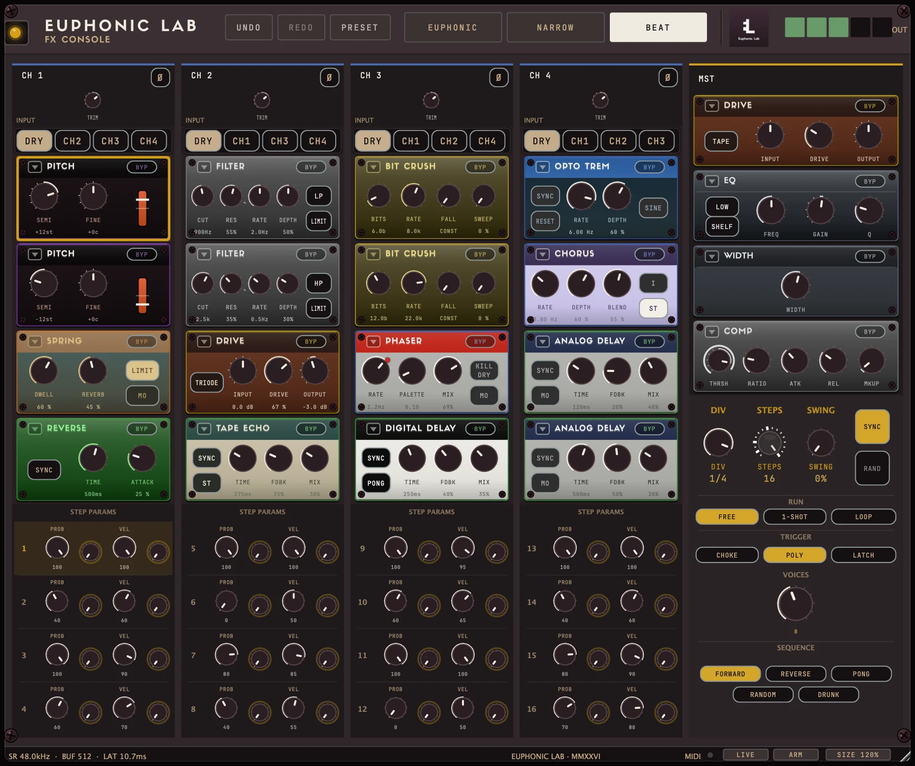 The FX Console in Beat Mode: under each channel, sixteen steps of probability and velocity controls; on the master, the sequencer's division, steps and swing, with run, trigger and sequence modes.