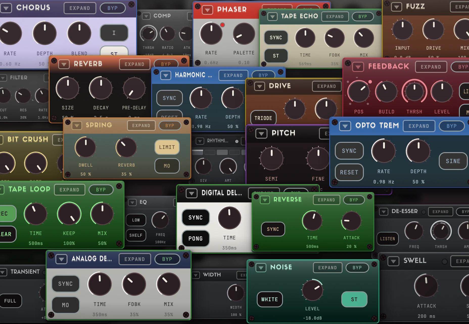 FX Console modules laid over one another: the coloured effect modules on top, among them Chorus, Phaser, Tape Echo, Fuzz, Reverb, Drive, Feedback, Spring, Pitch and Optical Tremolo, with the utility modules such as Comp, EQ, De-esser and Width beneath.