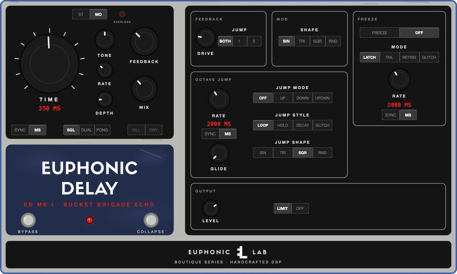 Euphonic Delay expanded: beside the main panel, a second panel opens with feedback drive and jump, mod shape, an octave jump section with rate, glide, jump mode, style and shape, a freeze section with its modes and rate, and an output level with limiter.