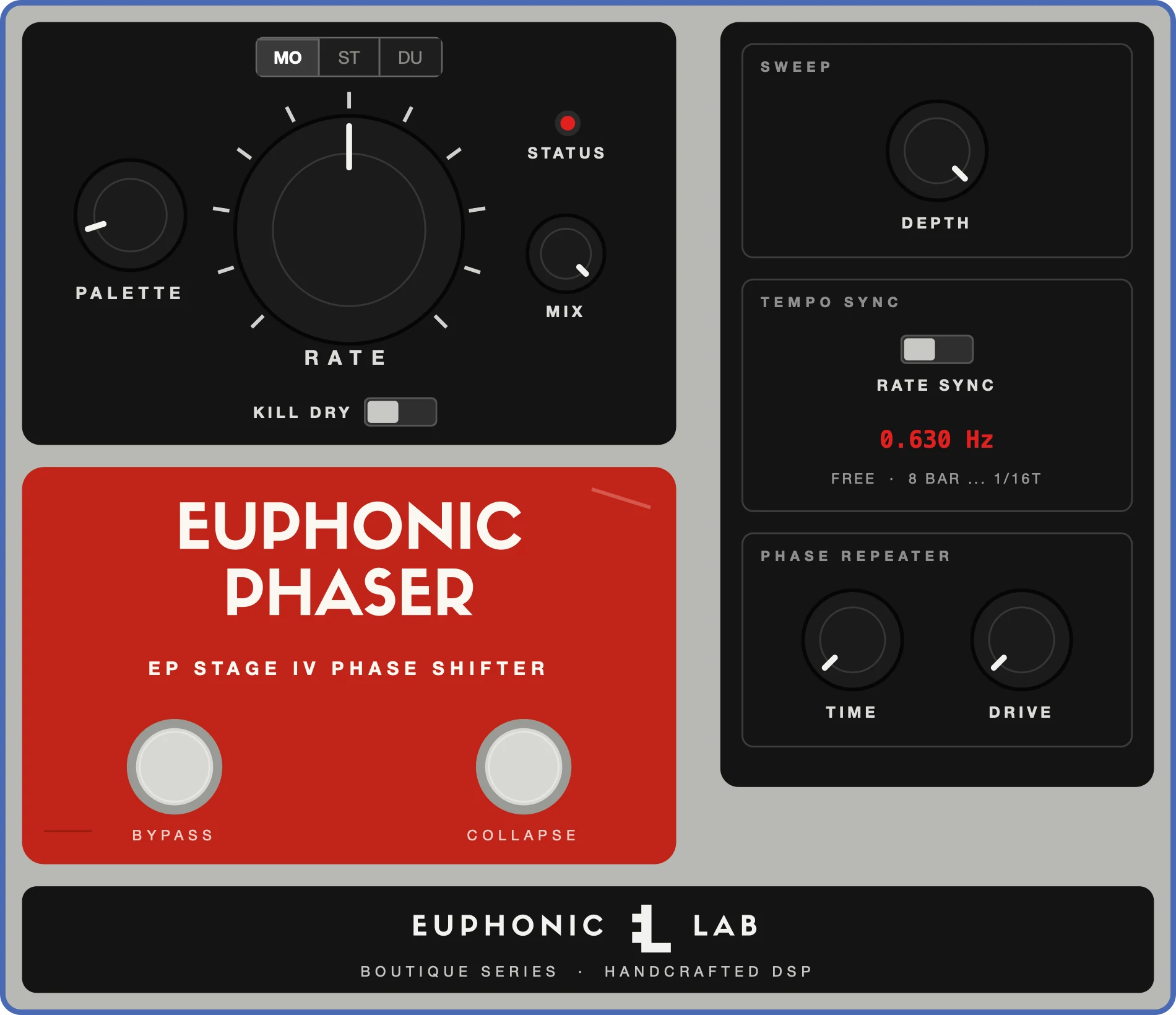 Euphonic Phaser expanded: beside the main panel, a second panel opens with sweep depth, tempo sync with a rate readout, and a phase repeater with time and drive.
